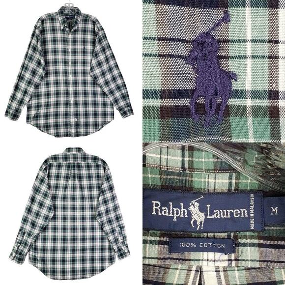Polo Ralph Lauren Oxford Shirt Men's XL Blue Green Plaid LS Button Down - Picture 1 of 9